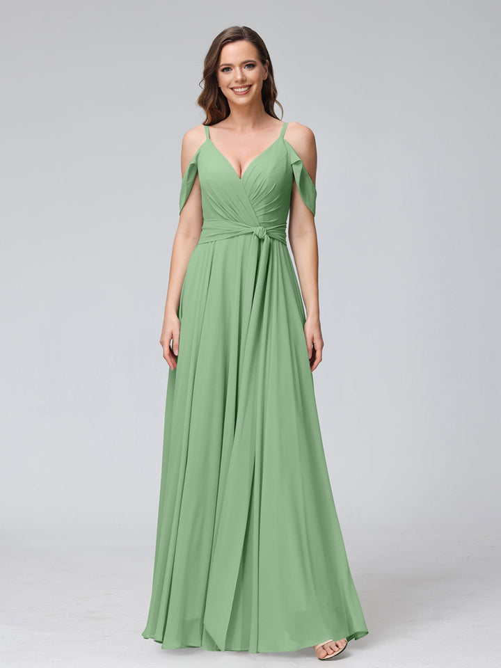A-Line V-Neck Short Sleeves Chiffon Bridesmaid Dresses with Spaghetti Straps &amp; Split Side