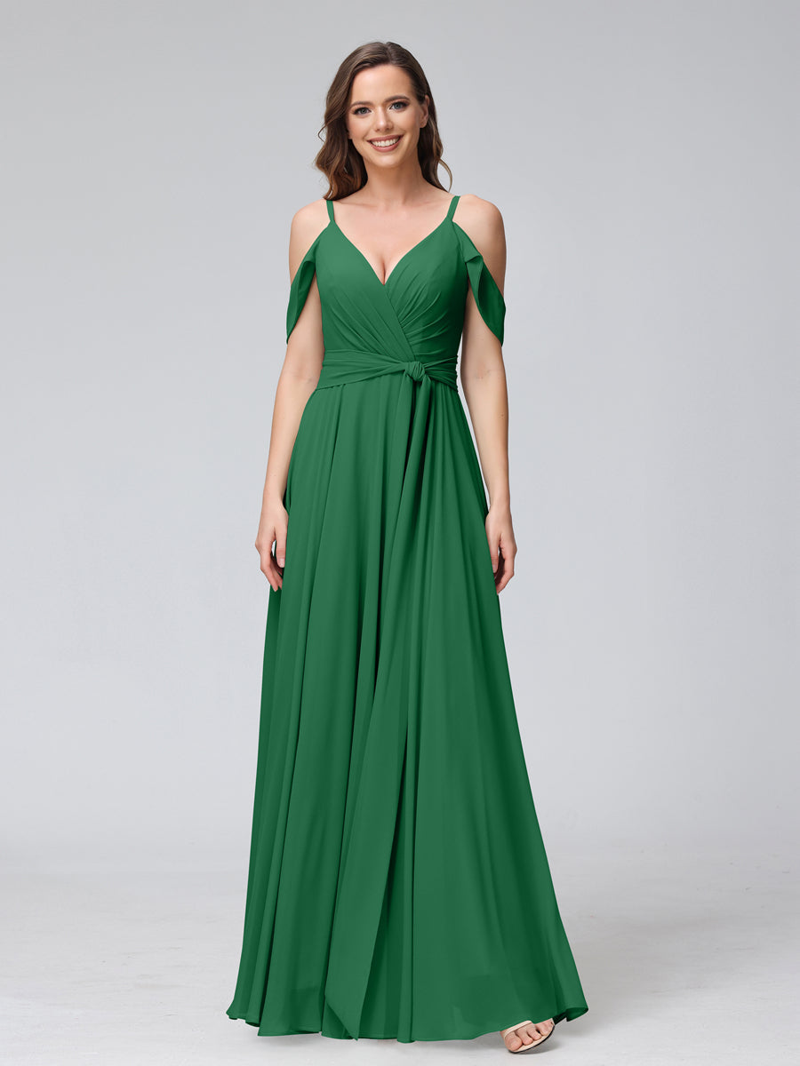 A-Line V-Neck Short Sleeves Chiffon Bridesmaid Dresses with Spaghetti Straps &amp; Split Side