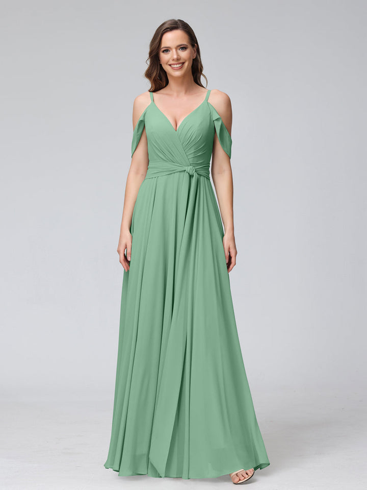 A-Line V-Neck Short Sleeves Chiffon Bridesmaid Dresses with Spaghetti Straps &amp; Split Side