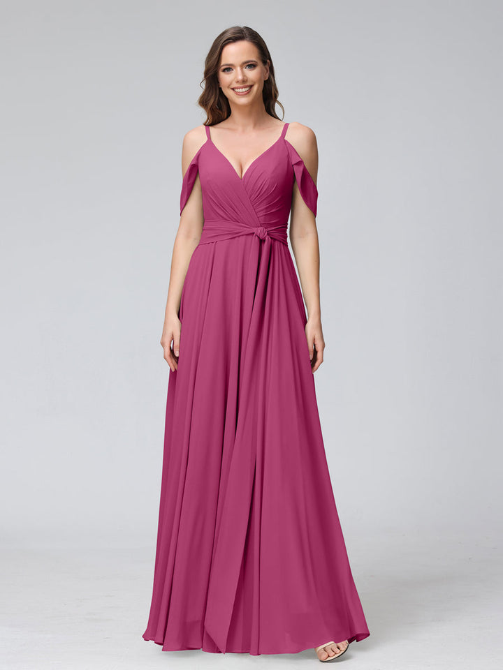 A-Line V-Neck Short Sleeves Chiffon Bridesmaid Dresses with Spaghetti Straps &amp; Split Side