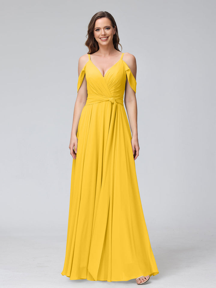 A-Line V-Neck Short Sleeves Chiffon Bridesmaid Dresses with Spaghetti Straps &amp; Split Side