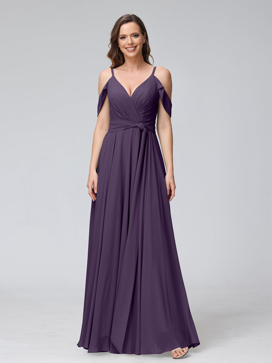 A-Line V-Neck Short Sleeves Chiffon Bridesmaid Dresses with Spaghetti Straps &amp; Split Side