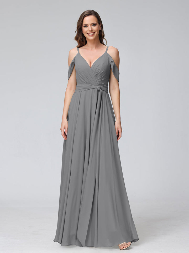 A-Line V-Neck Short Sleeves Chiffon Bridesmaid Dresses with Spaghetti Straps &amp; Split Side