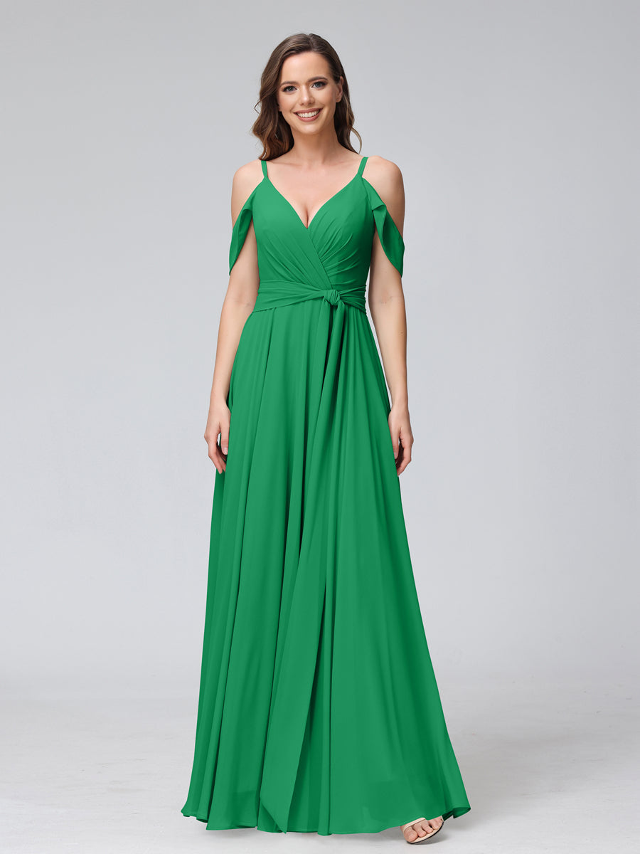 A-Line V-Neck Short Sleeves Chiffon Bridesmaid Dresses with Spaghetti Straps &amp; Split Side