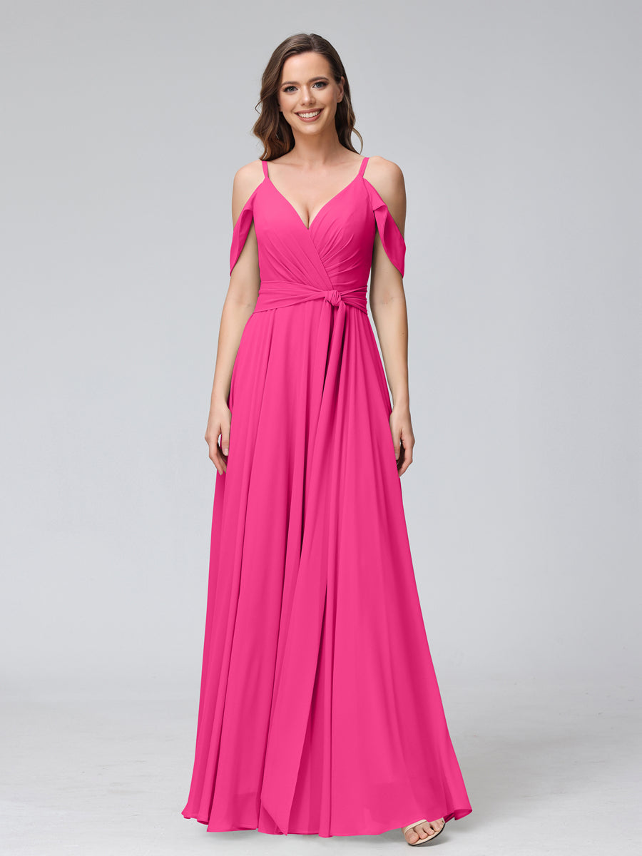 A-Line V-Neck Short Sleeves Chiffon Bridesmaid Dresses with Spaghetti Straps &amp; Split Side