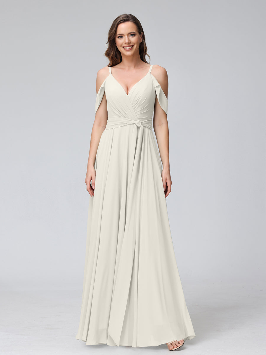 A-Line V-Neck Short Sleeves Chiffon Bridesmaid Dresses with Spaghetti Straps &amp; Split Side