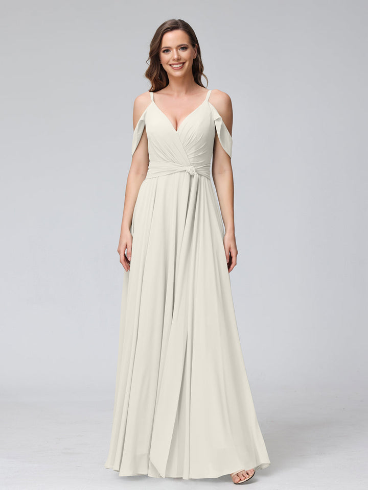 A-Line V-Neck Short Sleeves Chiffon Bridesmaid Dresses with Spaghetti Straps &amp; Split Side