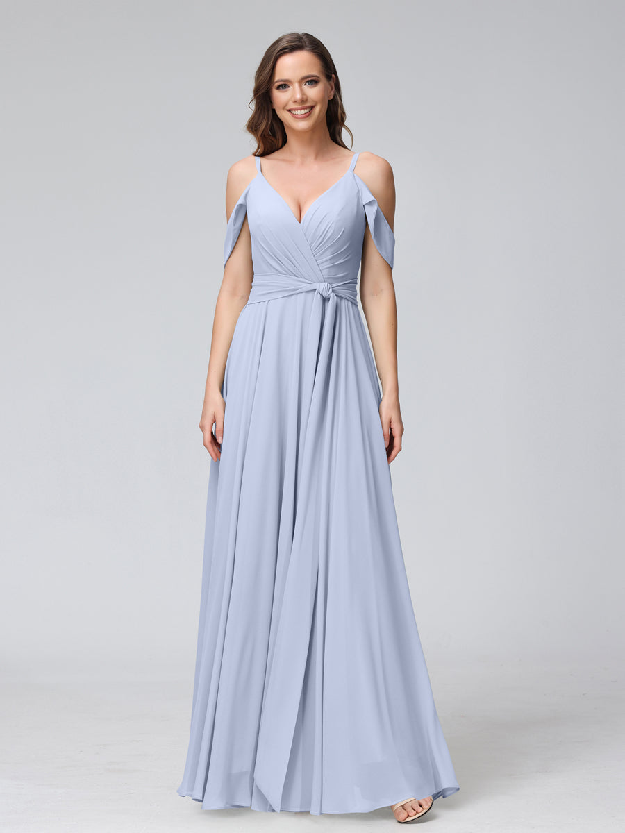 A-Line V-Neck Short Sleeves Chiffon Bridesmaid Dresses with Spaghetti Straps &amp; Split Side