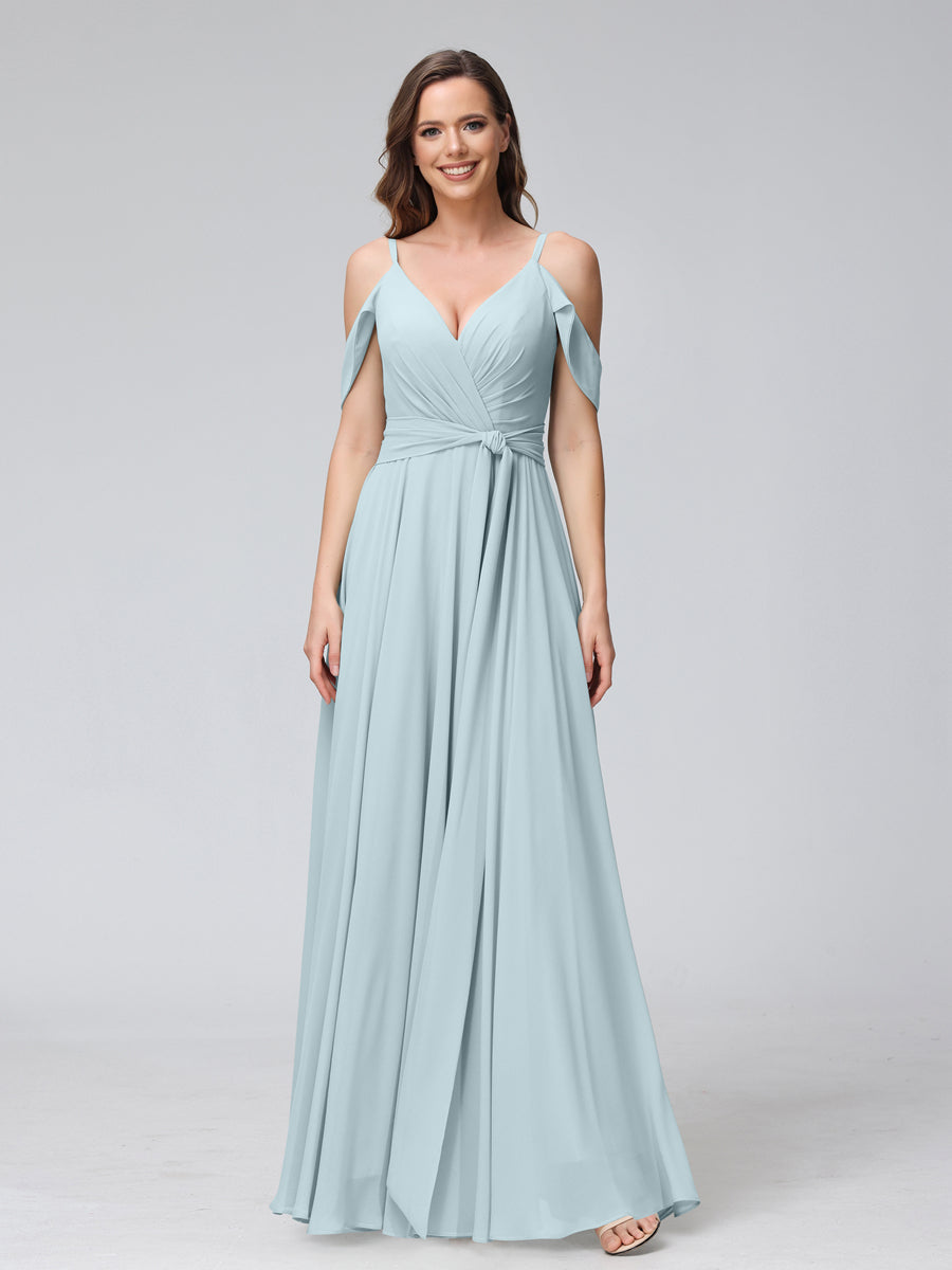 A-Line V-Neck Short Sleeves Chiffon Bridesmaid Dresses with Spaghetti Straps &amp; Split Side