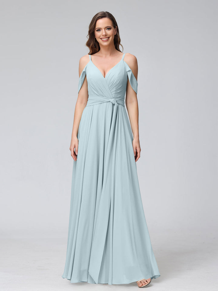 A-Line V-Neck Short Sleeves Chiffon Bridesmaid Dresses with Spaghetti Straps &amp; Split Side