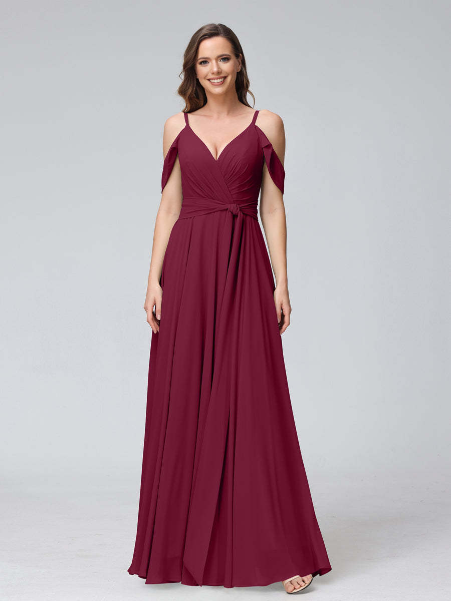 A-Line V-Neck Short Sleeves Chiffon Bridesmaid Dresses with Spaghetti Straps &amp; Split Side