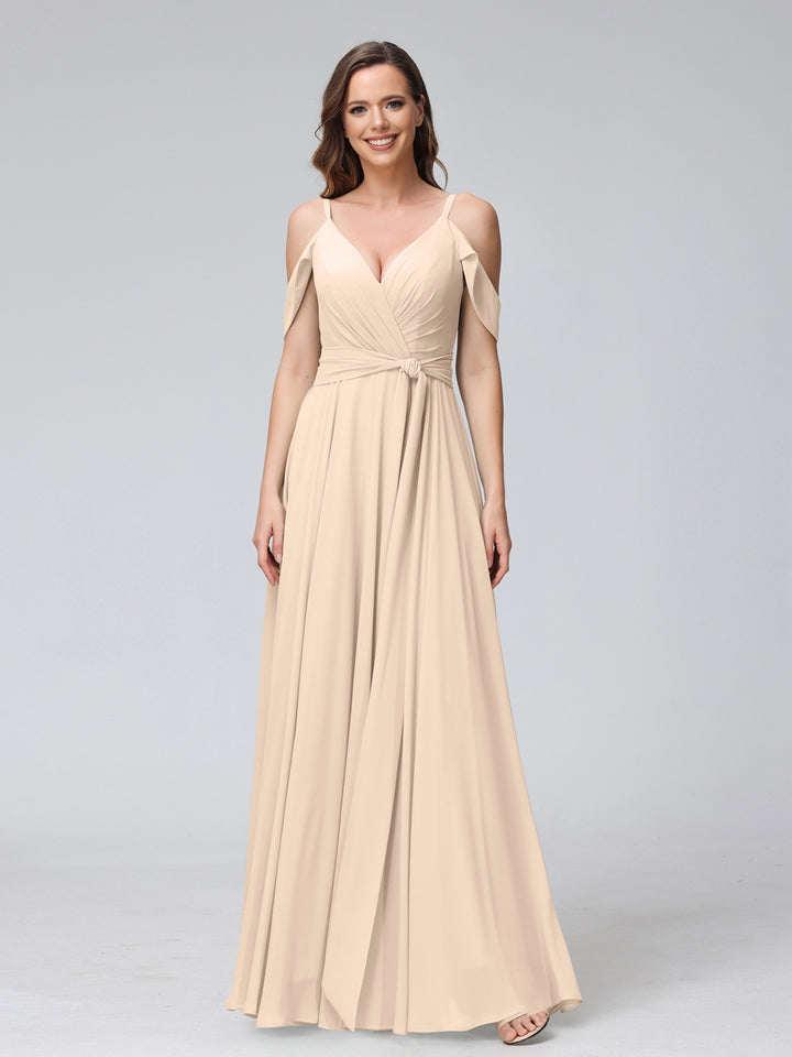 A-Line V-Neck Short Sleeves Chiffon Bridesmaid Dresses with Spaghetti Straps &amp; Split Side