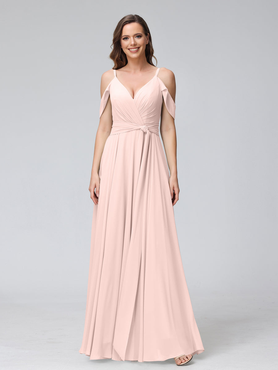 A-Line V-Neck Short Sleeves Chiffon Bridesmaid Dresses with Spaghetti Straps &amp; Split Side