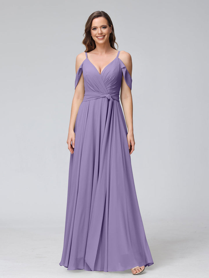 A-Line V-Neck Short Sleeves Chiffon Bridesmaid Dresses with Spaghetti Straps &amp; Split Side