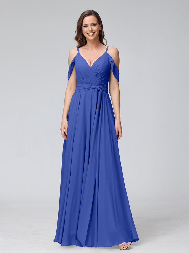 A-Line V-Neck Short Sleeves Chiffon Bridesmaid Dresses with Spaghetti Straps &amp; Split Side