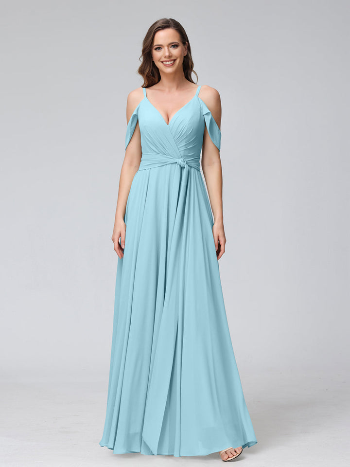 A-Line V-Neck Short Sleeves Chiffon Bridesmaid Dresses with Spaghetti Straps &amp; Split Side