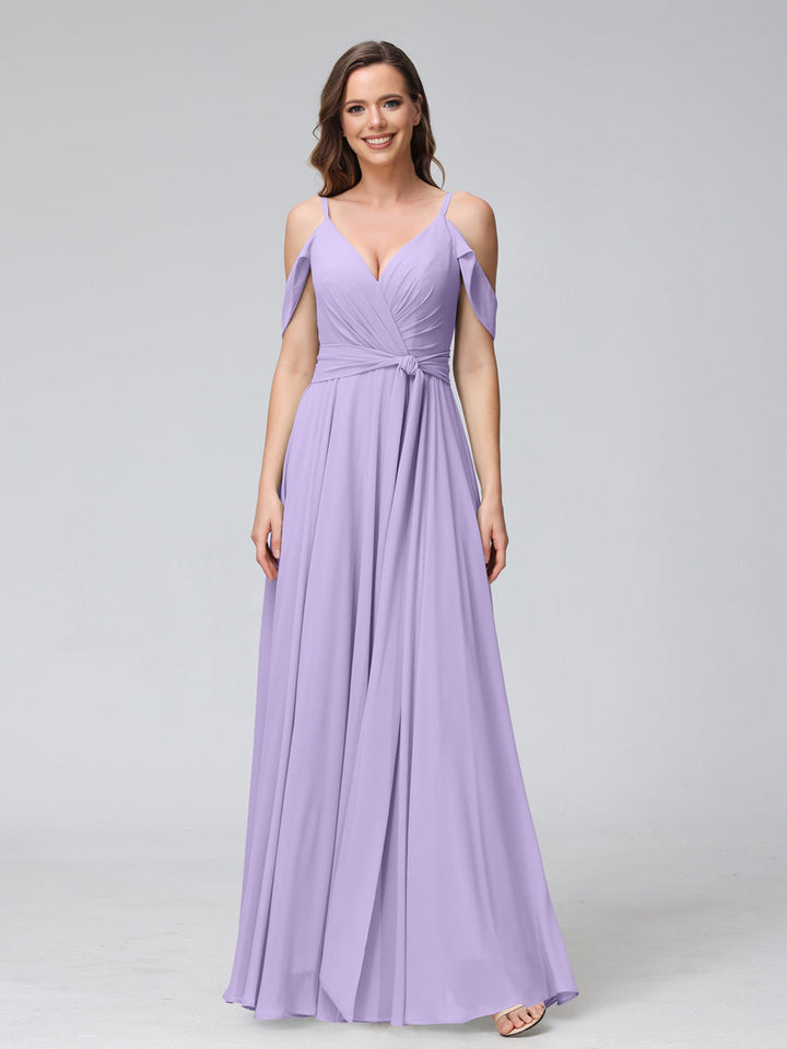 A-Line V-Neck Short Sleeves Chiffon Bridesmaid Dresses with Spaghetti Straps &amp; Split Side