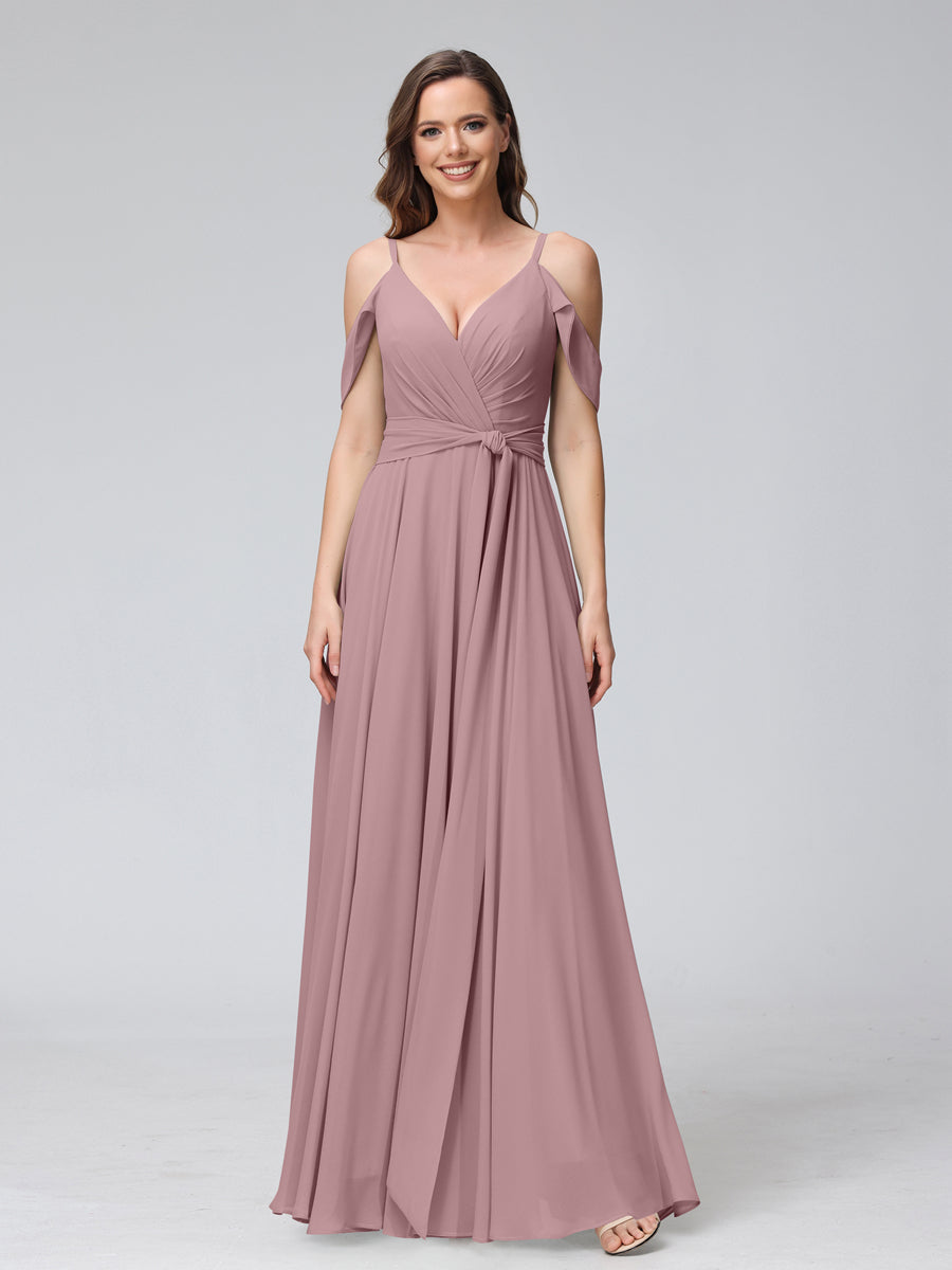 A-Line V-Neck Short Sleeves Chiffon Bridesmaid Dresses with Spaghetti Straps &amp; Split Side