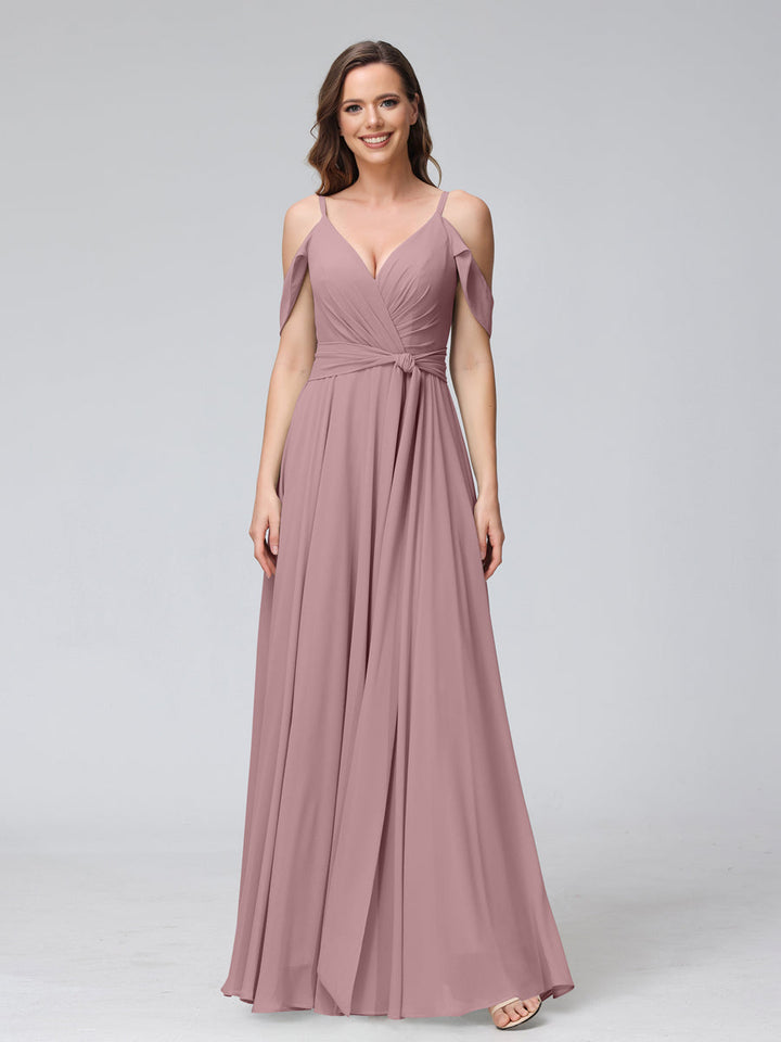 A-Line V-Neck Short Sleeves Chiffon Bridesmaid Dresses with Spaghetti Straps &amp; Split Side