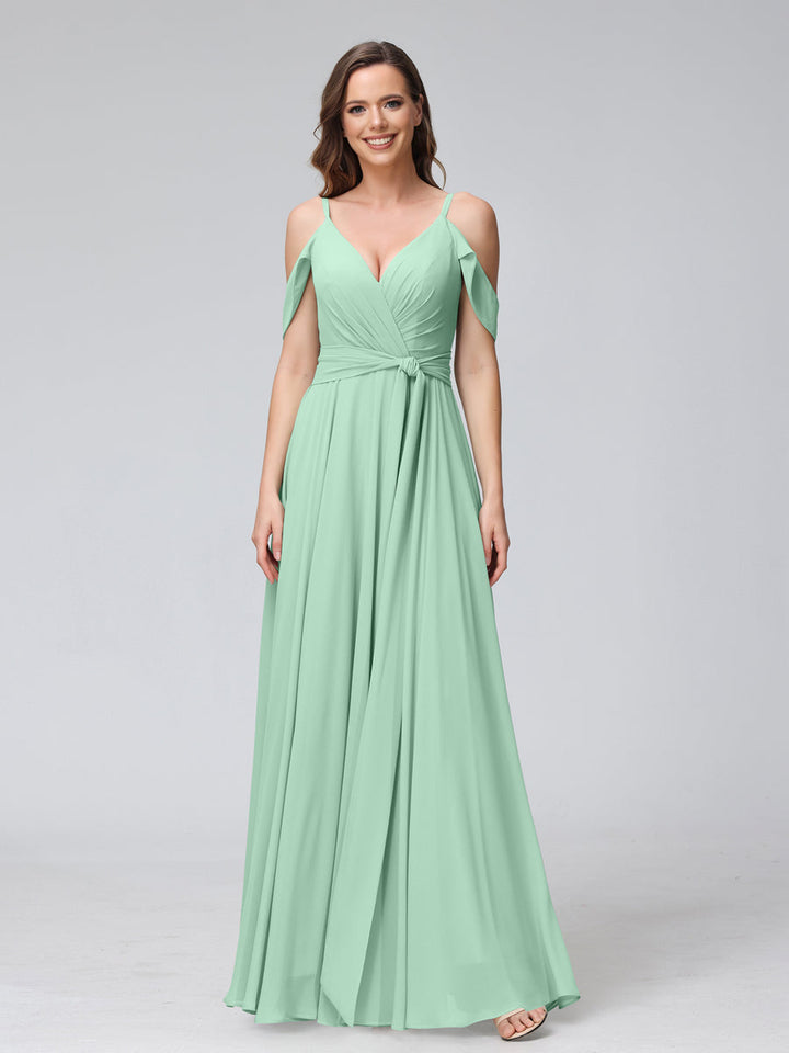 A-Line V-Neck Short Sleeves Chiffon Bridesmaid Dresses with Spaghetti Straps &amp; Split Side