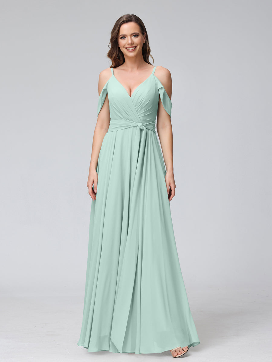 A-Line V-Neck Short Sleeves Chiffon Bridesmaid Dresses with Spaghetti Straps &amp; Split Side