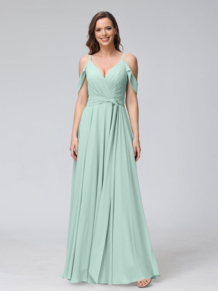 A-Line V-Neck Short Sleeves Chiffon Bridesmaid Dresses with Spaghetti Straps &amp; Split Side
