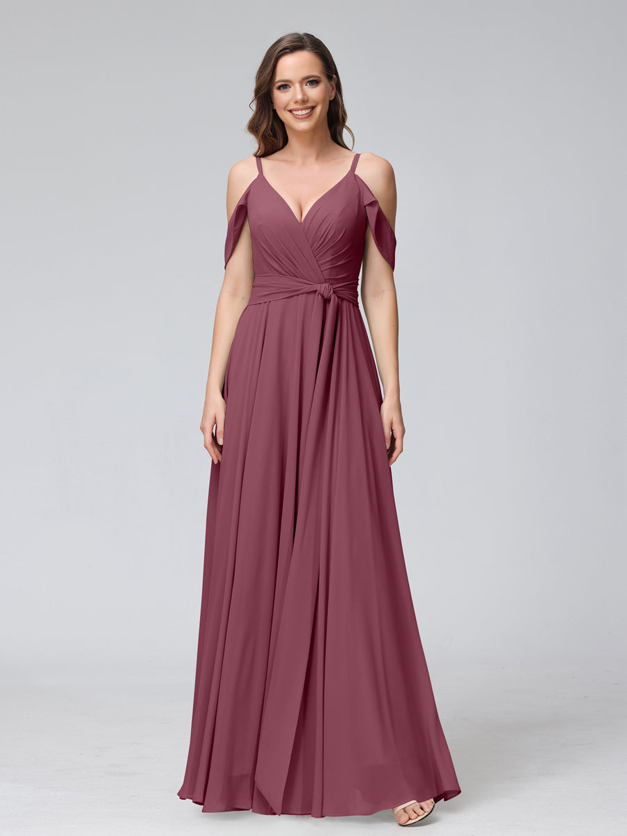 A-Line V-Neck Short Sleeves Chiffon Bridesmaid Dresses with Spaghetti Straps &amp; Split Side