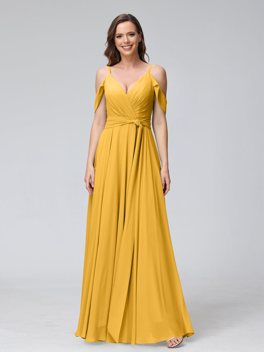 A-Line V-Neck Short Sleeves Chiffon Bridesmaid Dresses with Spaghetti Straps &amp; Split Side