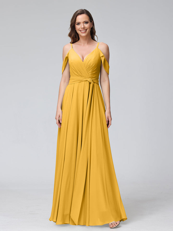 A-Line V-Neck Short Sleeves Chiffon Bridesmaid Dresses with Spaghetti Straps &amp; Split Side
