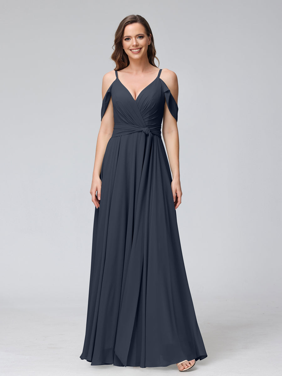 A-Line V-Neck Short Sleeves Chiffon Bridesmaid Dresses with Spaghetti Straps &amp; Split Side