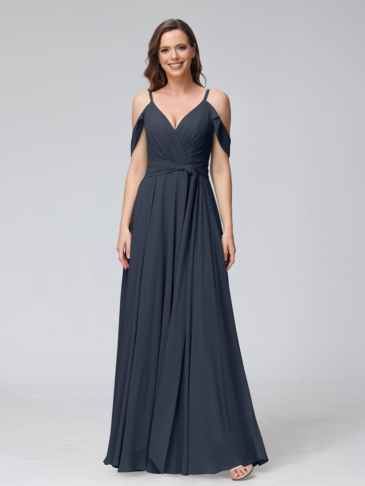 A-Line V-Neck Short Sleeves Chiffon Bridesmaid Dresses with Spaghetti Straps &amp; Split Side