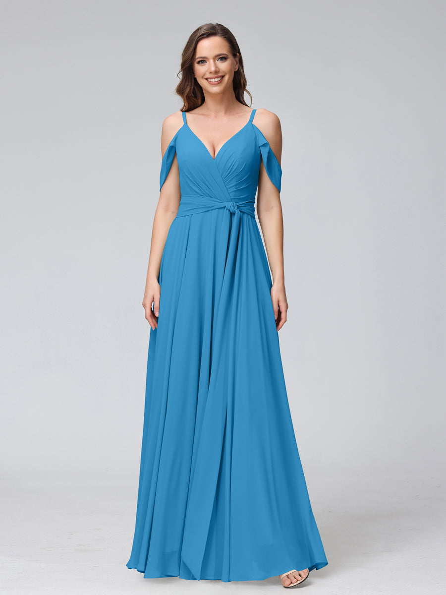A-Line V-Neck Short Sleeves Chiffon Bridesmaid Dresses with Spaghetti Straps &amp; Split Side