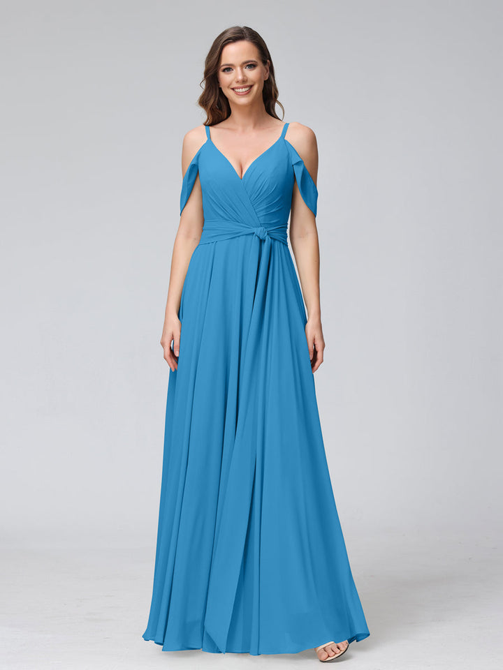 A-Line V-Neck Short Sleeves Chiffon Bridesmaid Dresses with Spaghetti Straps &amp; Split Side