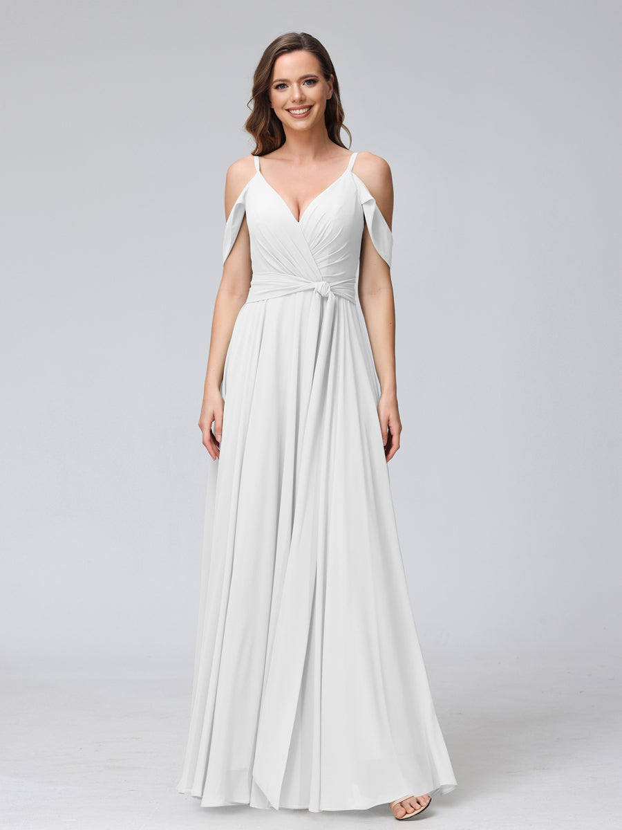 A-Line V-Neck Short Sleeves Chiffon Bridesmaid Dresses with Spaghetti Straps &amp; Split Side