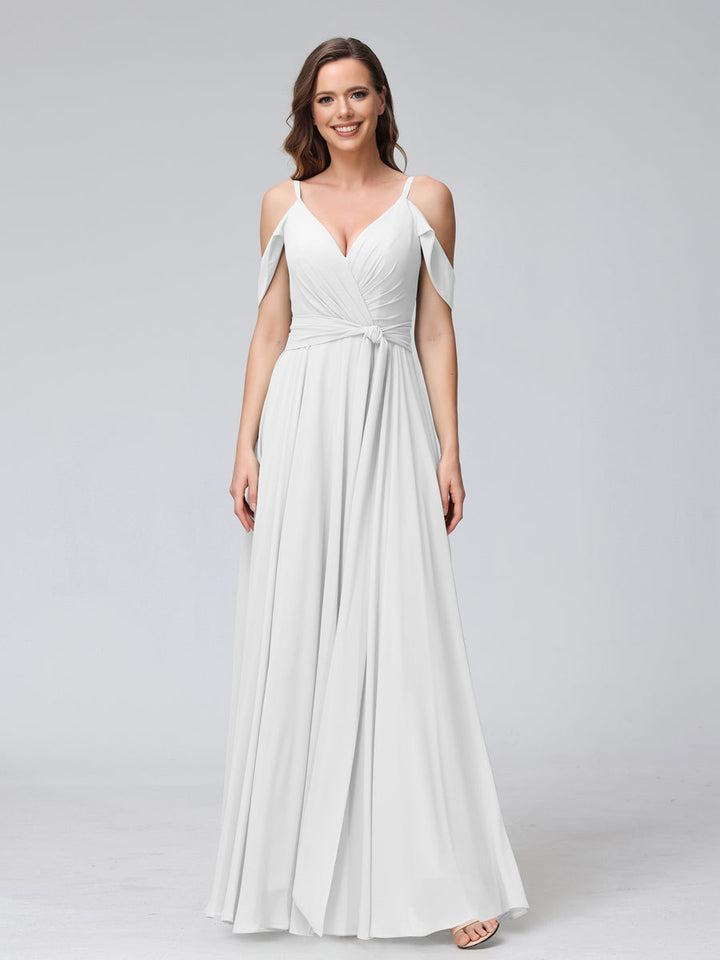 A-Line V-Neck Short Sleeves Chiffon Bridesmaid Dresses with Spaghetti Straps &amp; Split Side