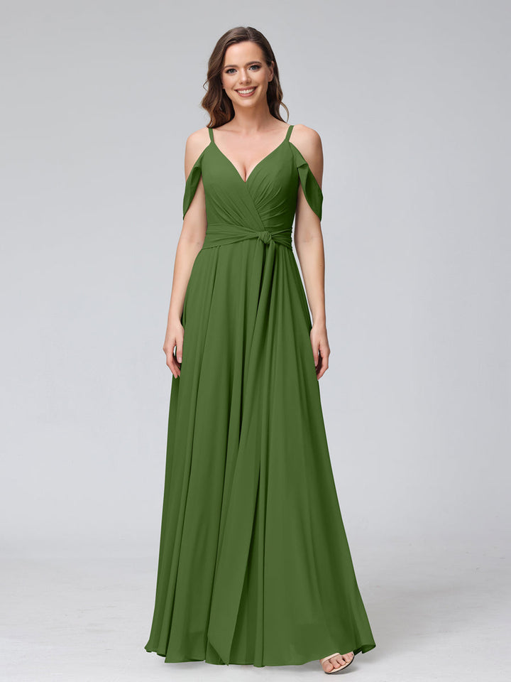 A-Line V-Neck Short Sleeves Chiffon Bridesmaid Dresses with Spaghetti Straps &amp; Split Side