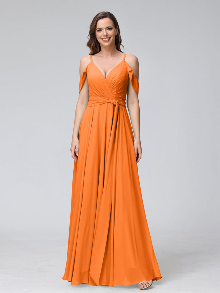 A-Line V-Neck Short Sleeves Chiffon Bridesmaid Dresses with Spaghetti Straps &amp; Split Side