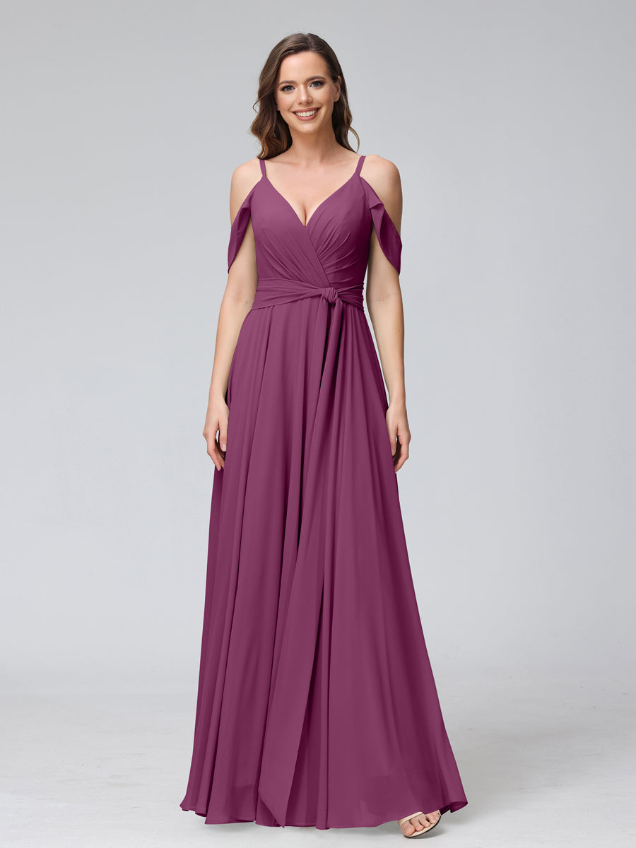 A-Line V-Neck Short Sleeves Chiffon Bridesmaid Dresses with Spaghetti Straps &amp; Split Side