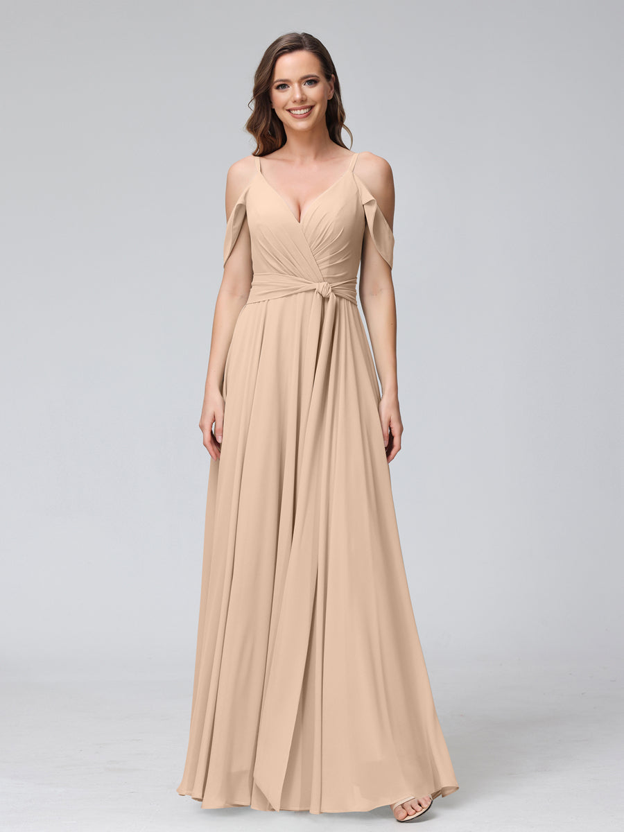 A-Line V-Neck Short Sleeves Chiffon Bridesmaid Dresses with Spaghetti Straps &amp; Split Side
