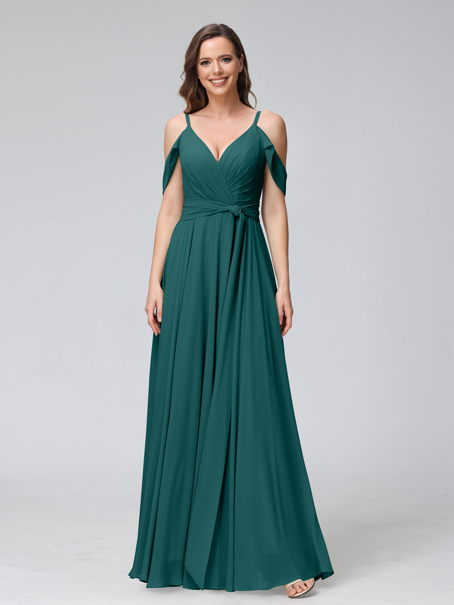 A-Line V-Neck Short Sleeves Chiffon Bridesmaid Dresses with Spaghetti Straps &amp; Split Side