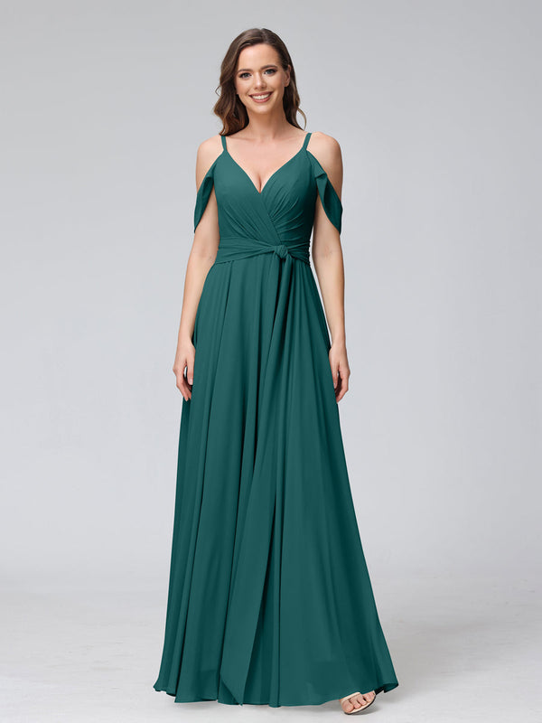 A-Line V-Neck Short Sleeves Chiffon Bridesmaid Dresses with Spaghetti Straps & Split Side