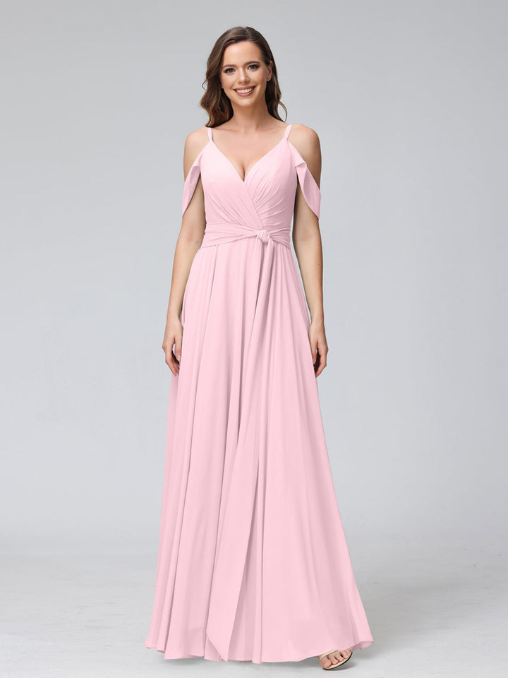 A-Line V-Neck Short Sleeves Chiffon Bridesmaid Dresses with Spaghetti Straps &amp; Split Side