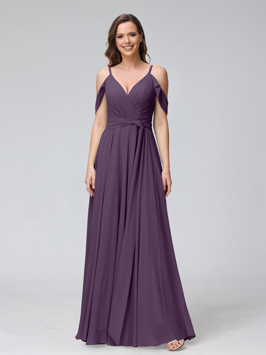 A-Line V-Neck Short Sleeves Chiffon Bridesmaid Dresses with Spaghetti Straps &amp; Split Side