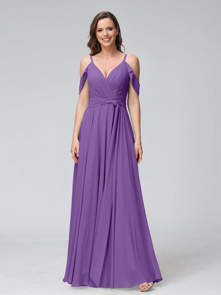 A-Line V-Neck Short Sleeves Chiffon Bridesmaid Dresses with Spaghetti Straps &amp; Split Side