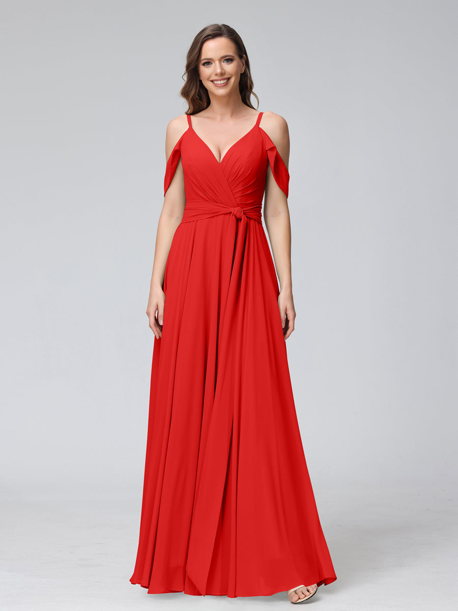 A-Line V-Neck Short Sleeves Chiffon Bridesmaid Dresses with Spaghetti Straps &amp; Split Side