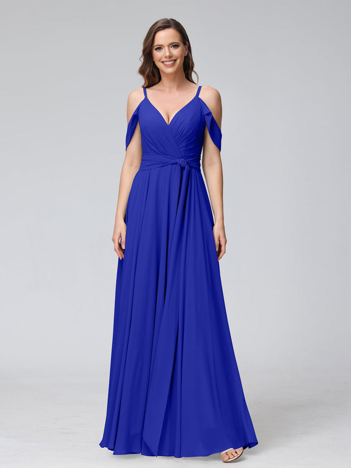 A-Line V-Neck Short Sleeves Chiffon Bridesmaid Dresses with Spaghetti Straps &amp; Split Side