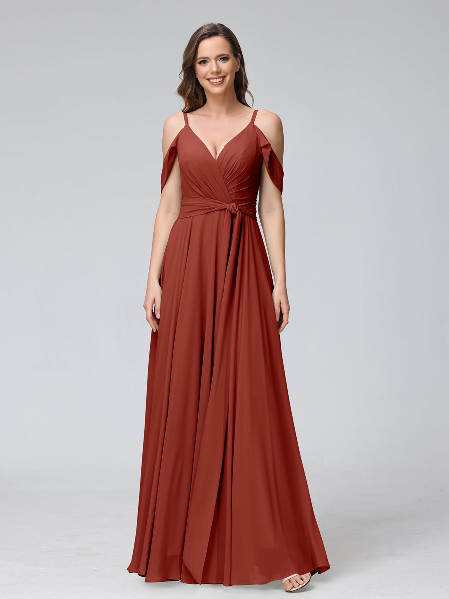 A-Line V-Neck Short Sleeves Chiffon Bridesmaid Dresses with Spaghetti Straps &amp; Split Side