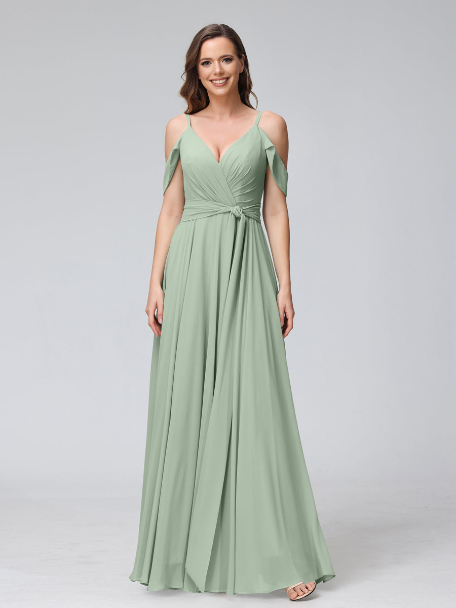 A-Line V-Neck Short Sleeves Chiffon Bridesmaid Dresses with Spaghetti Straps &amp; Split Side