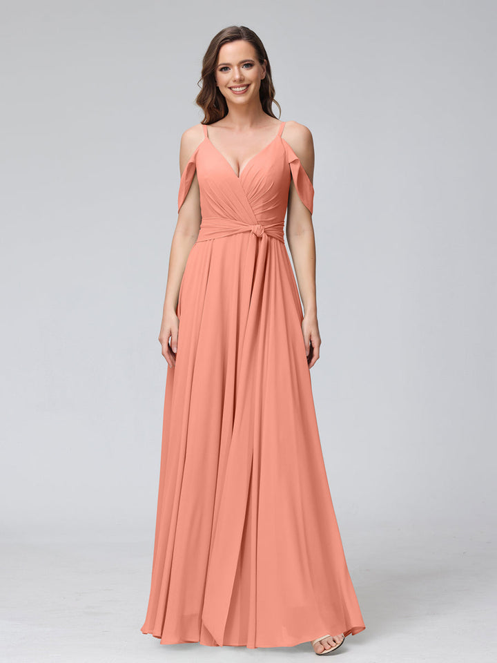 A-Line V-Neck Short Sleeves Chiffon Bridesmaid Dresses with Spaghetti Straps &amp; Split Side