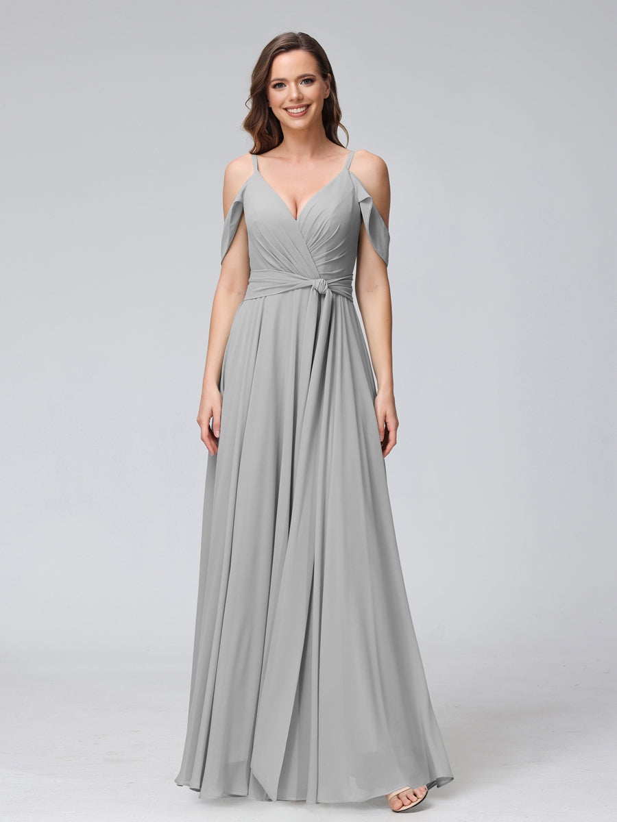 A-Line V-Neck Short Sleeves Chiffon Bridesmaid Dresses with Spaghetti Straps &amp; Split Side